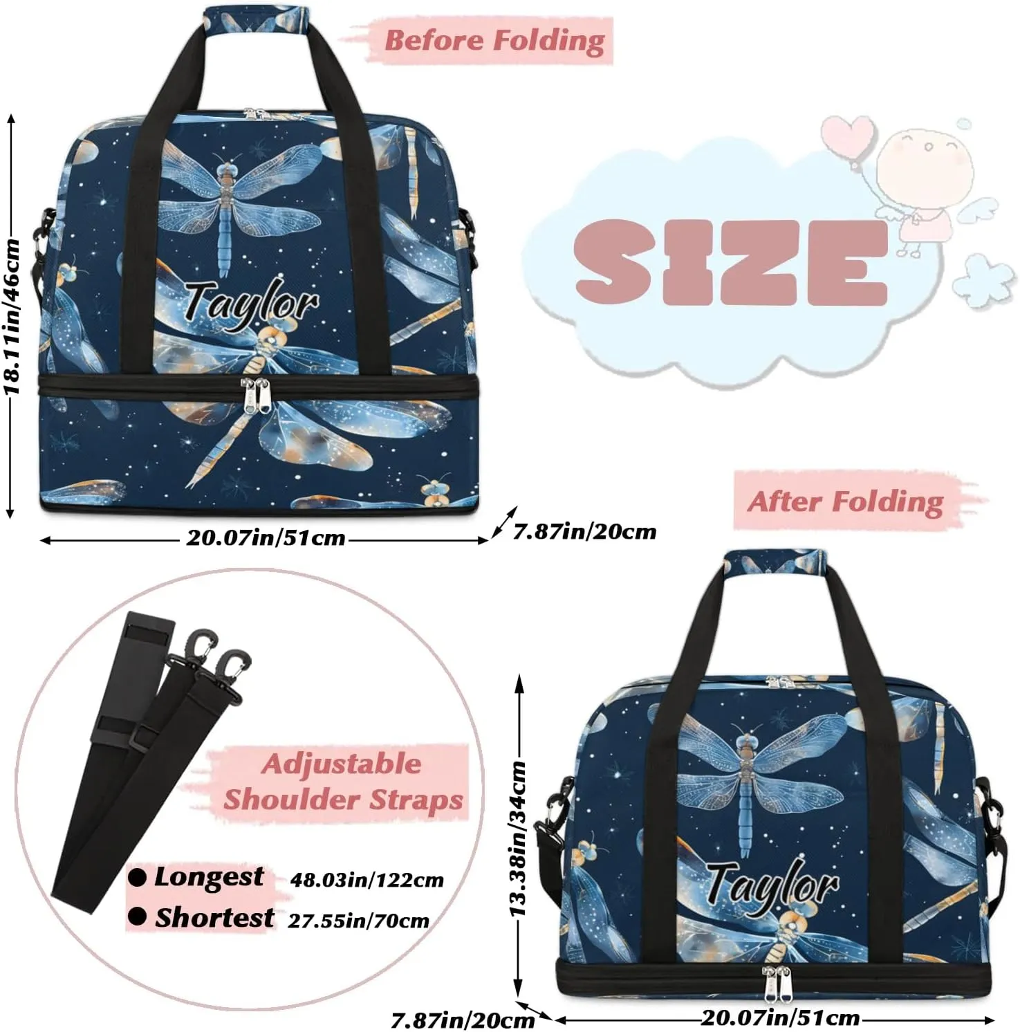 Personalized Duffel Bag with Name, Custom Dragonflies Travel Sports Gym Yoga Beach Bag Customized Weekender Overnight Bag with Shoes Compartment for Women, Dragonfly