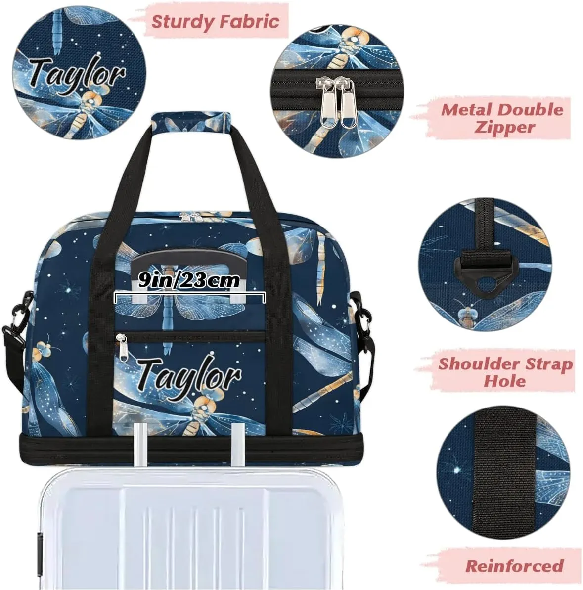 Personalized Duffel Bag with Name, Custom Dragonflies Travel Sports Gym Yoga Beach Bag Customized Weekender Overnight Bag with Shoes Compartment for Women, Dragonfly