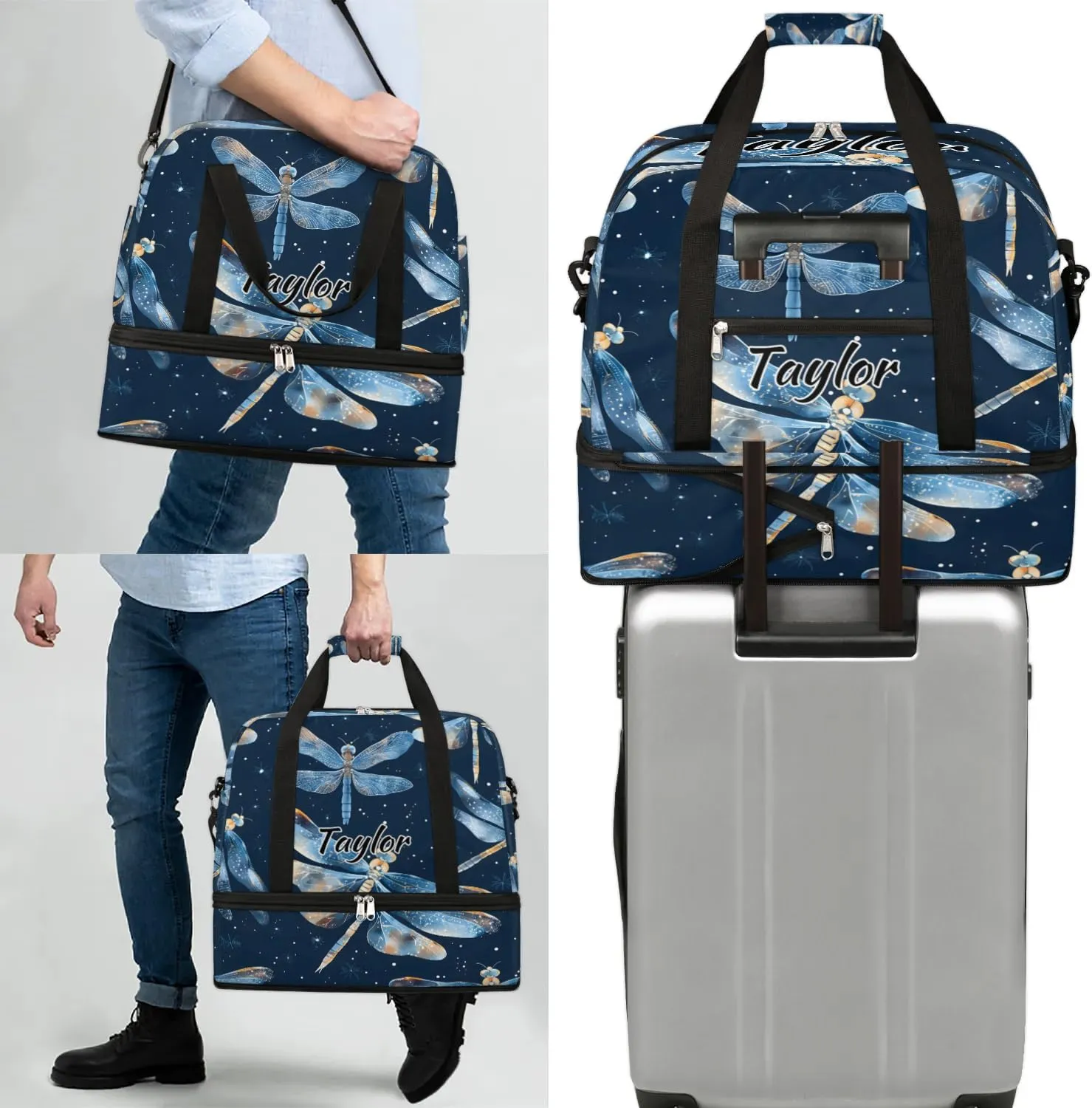 Personalized Duffel Bag with Name, Custom Dragonflies Travel Sports Gym Yoga Beach Bag Customized Weekender Overnight Bag with Shoes Compartment for Women, Dragonfly