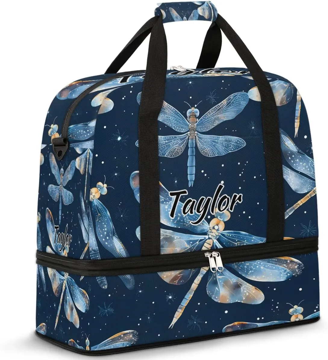 Personalized Duffel Bag with Name, Custom Dragonflies Travel Sports Gym Yoga Beach Bag Customized Weekender Overnight Bag with Shoes Compartment for Women, Dragonfly