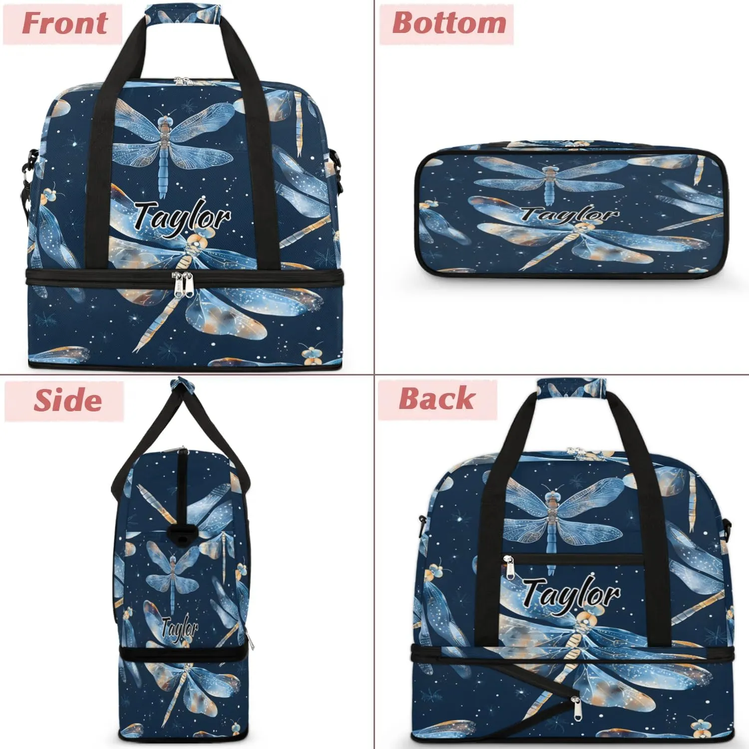 Personalized Duffel Bag with Name, Custom Dragonflies Travel Sports Gym Yoga Beach Bag Customized Weekender Overnight Bag with Shoes Compartment for Women, Dragonfly
