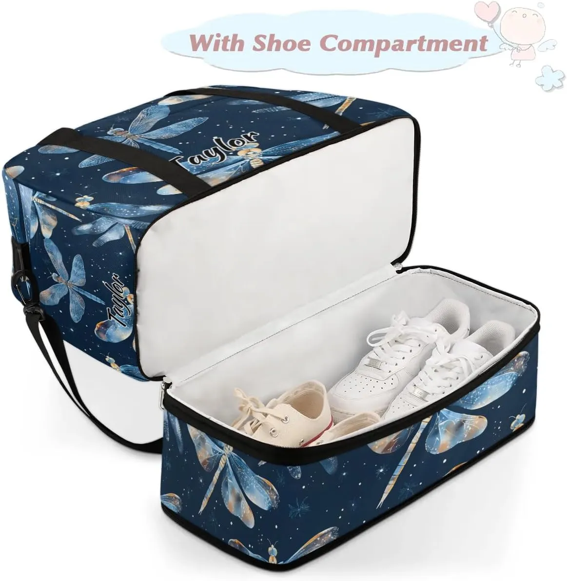 Personalized Duffel Bag with Name, Custom Dragonflies Travel Sports Gym Yoga Beach Bag Customized Weekender Overnight Bag with Shoes Compartment for Women, Dragonfly