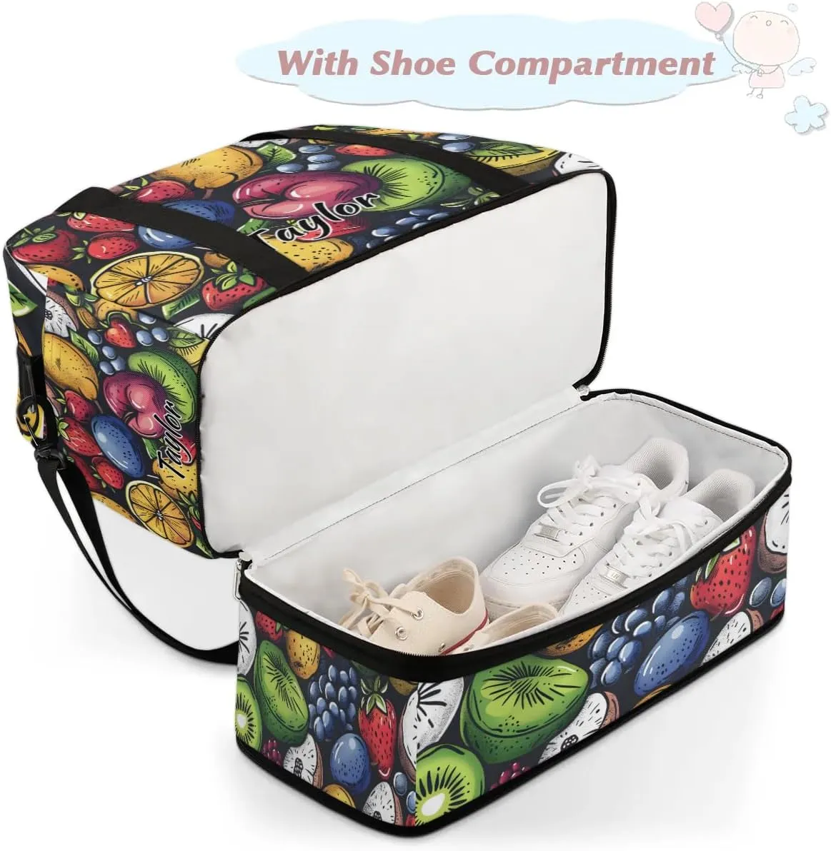 Personalized Duffel Bag with Name, Custom Fruit Travel Sports Gym Yoga Beach Bag Customized Weekender Overnight Bag with Shoes Compartment for Women, Various Fruit