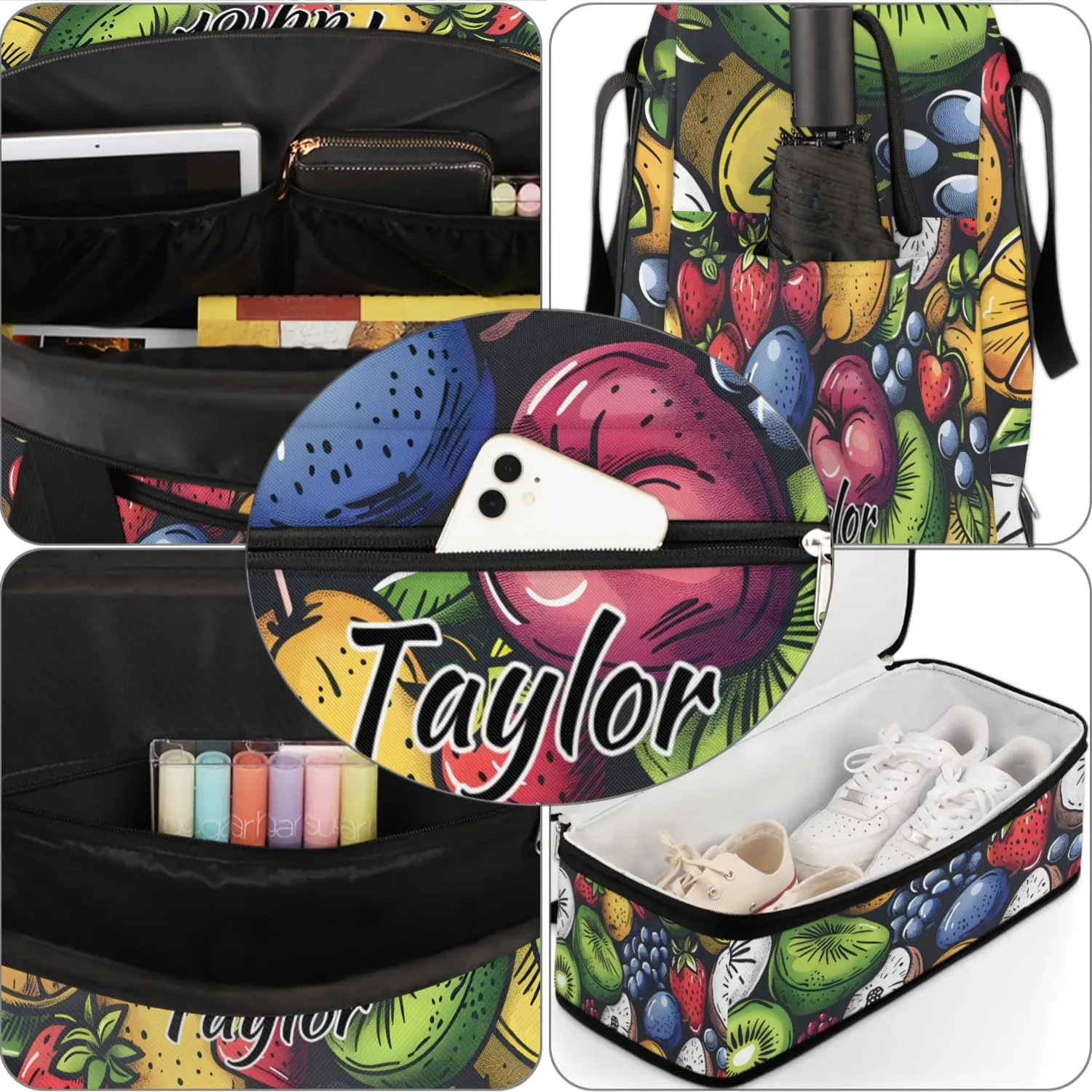 Personalized Duffel Bag with Name, Custom Fruit Travel Sports Gym Yoga Beach Bag Customized Weekender Overnight Bag with Shoes Compartment for Women, Various Fruit
