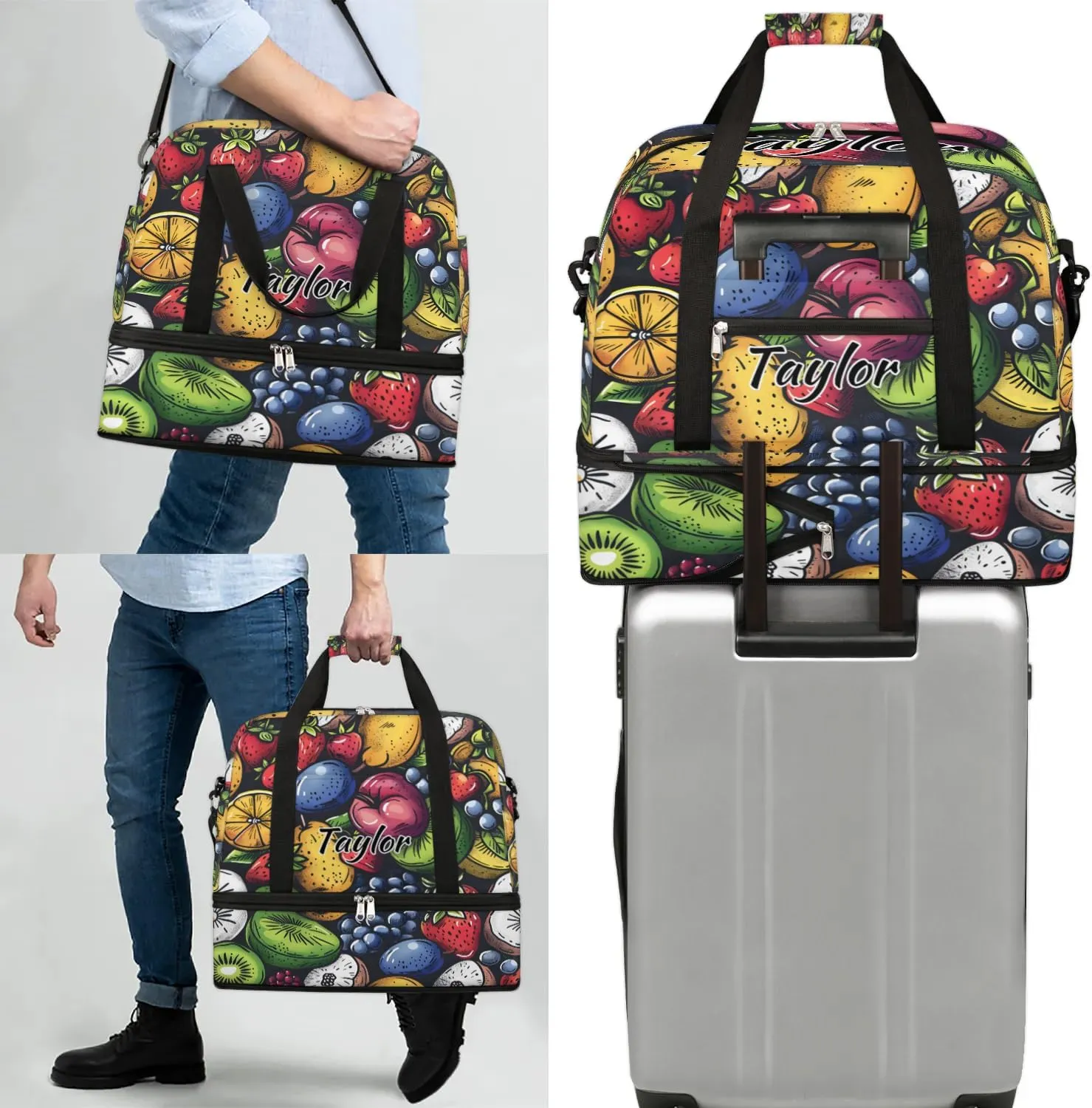 Personalized Duffel Bag with Name, Custom Fruit Travel Sports Gym Yoga Beach Bag Customized Weekender Overnight Bag with Shoes Compartment for Women, Various Fruit