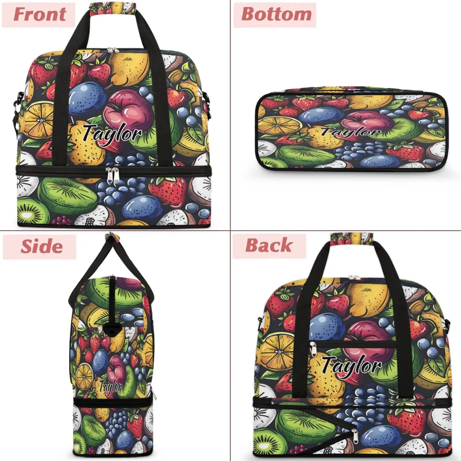 Personalized Duffel Bag with Name, Custom Fruit Travel Sports Gym Yoga Beach Bag Customized Weekender Overnight Bag with Shoes Compartment for Women, Various Fruit