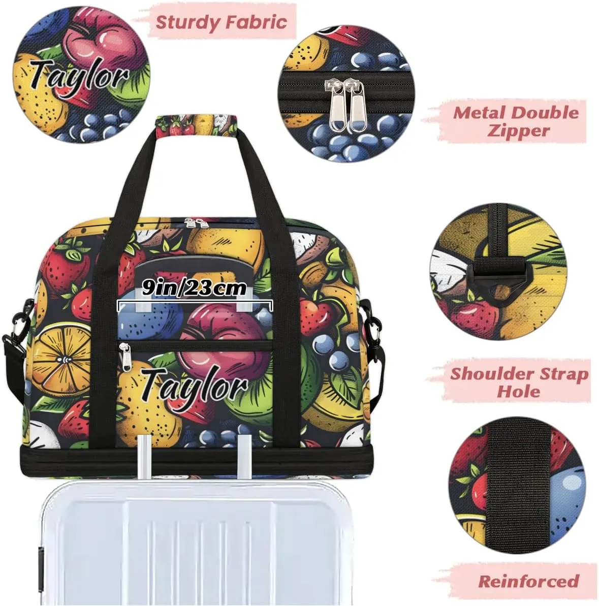 Personalized Duffel Bag with Name, Custom Fruit Travel Sports Gym Yoga Beach Bag Customized Weekender Overnight Bag with Shoes Compartment for Women, Various Fruit