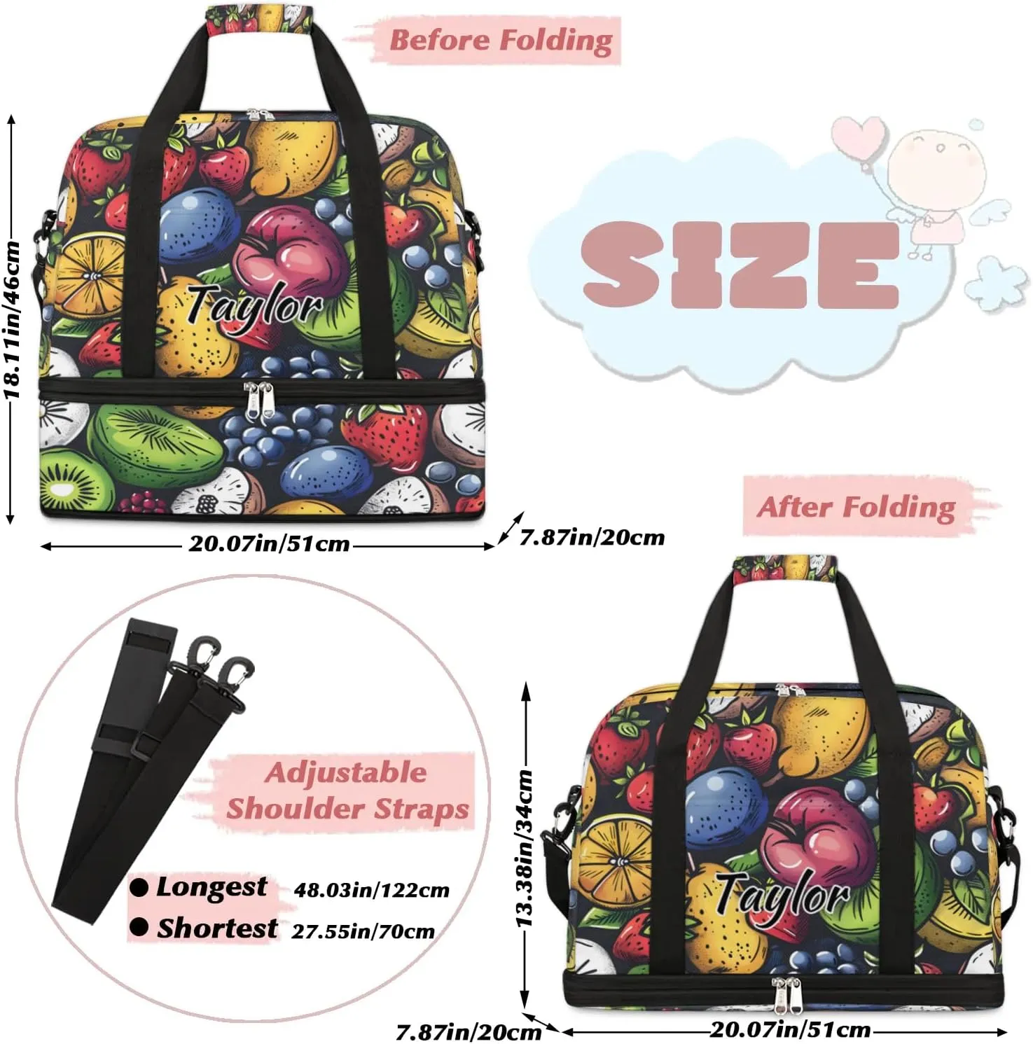 Personalized Duffel Bag with Name, Custom Fruit Travel Sports Gym Yoga Beach Bag Customized Weekender Overnight Bag with Shoes Compartment for Women, Various Fruit