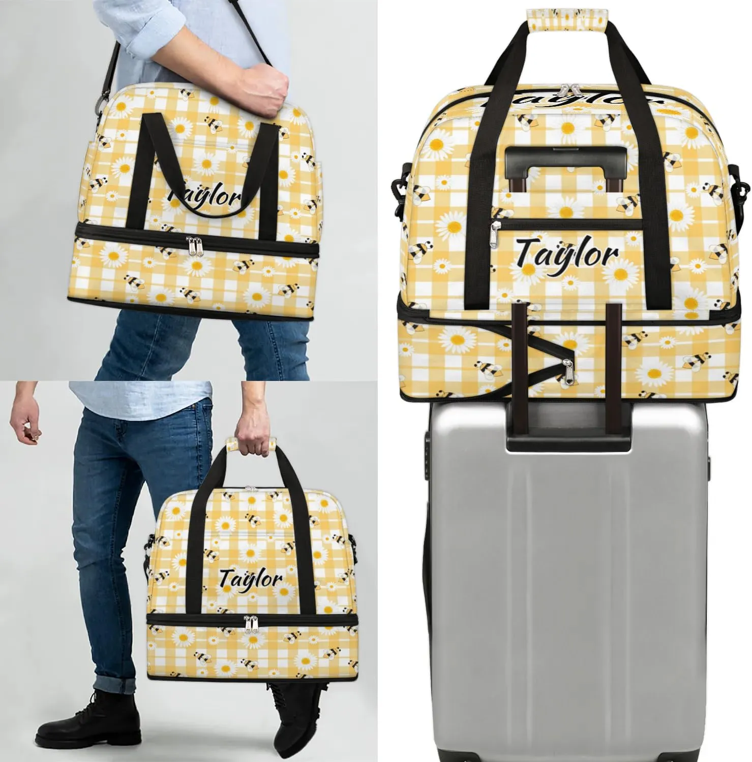 Personalized Duffel Bag with Name, Custom Honeybee Bee Travel Sports Gym Yoga Beach Bag Customized Weekender Overnight Bag with Shoes Compartment for Women, Bees Daisies Honey