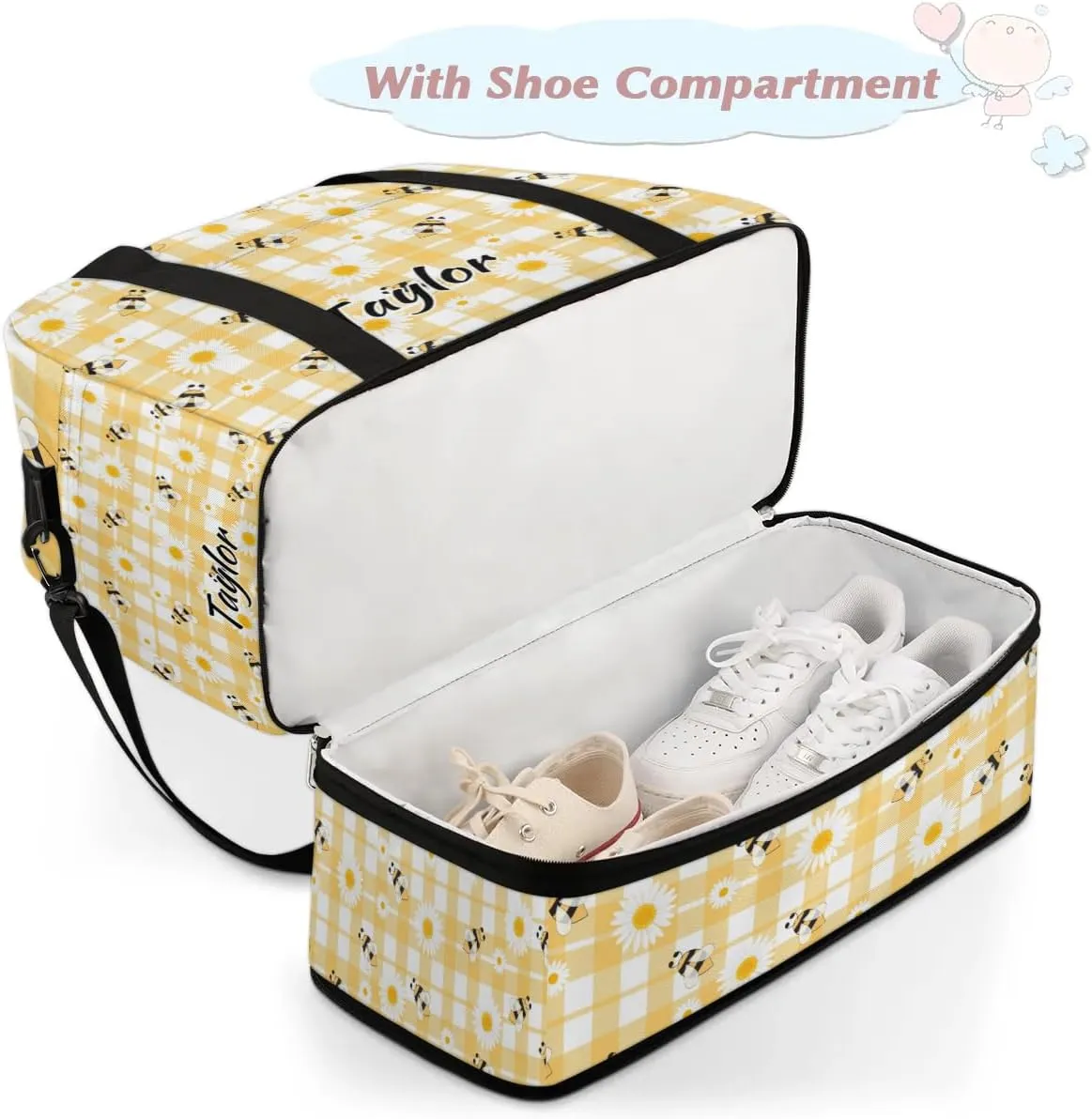 Personalized Duffel Bag with Name, Custom Honeybee Bee Travel Sports Gym Yoga Beach Bag Customized Weekender Overnight Bag with Shoes Compartment for Women, Bees Daisies Honey