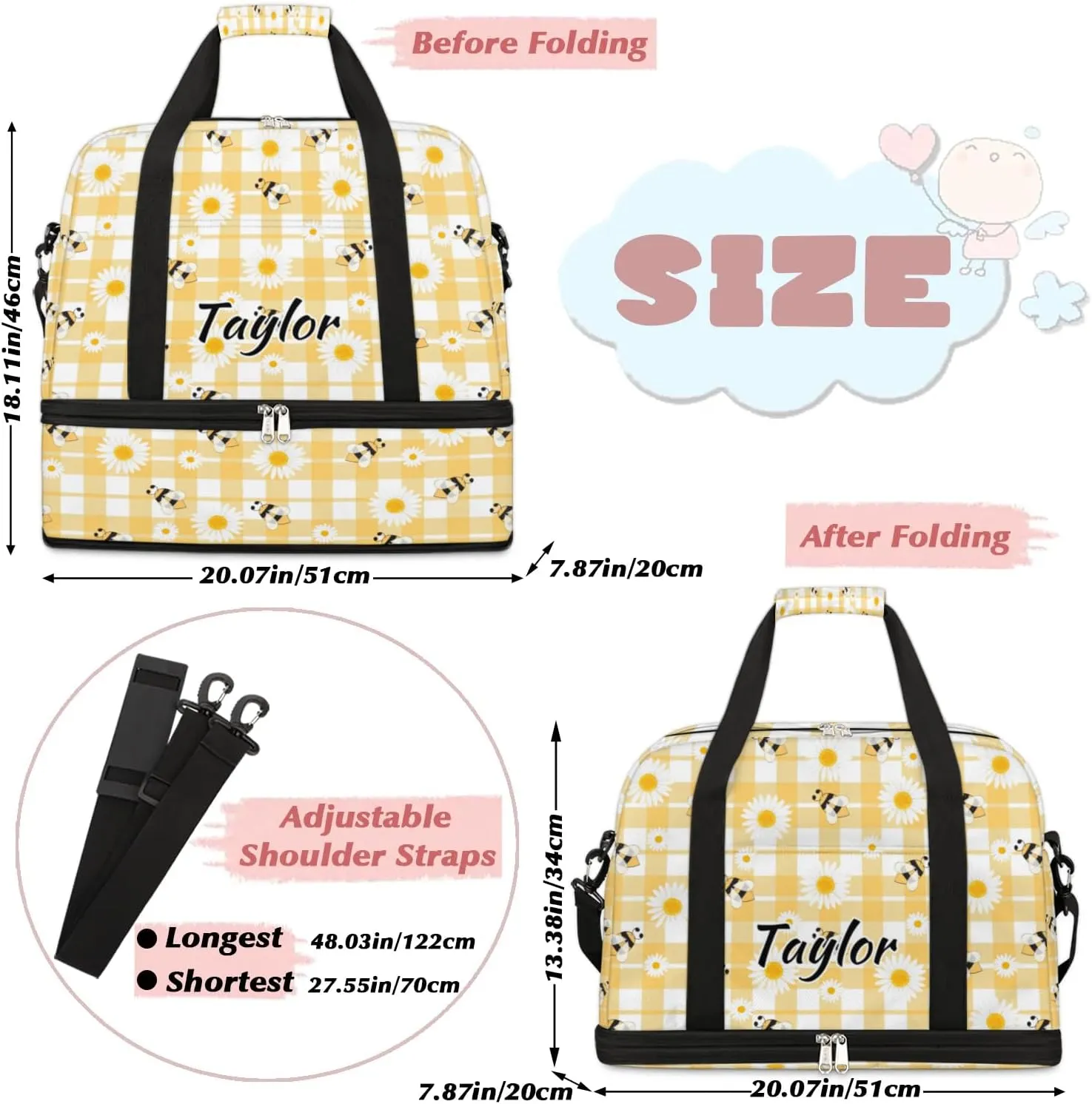 Personalized Duffel Bag with Name, Custom Honeybee Bee Travel Sports Gym Yoga Beach Bag Customized Weekender Overnight Bag with Shoes Compartment for Women, Bees Daisies Honey