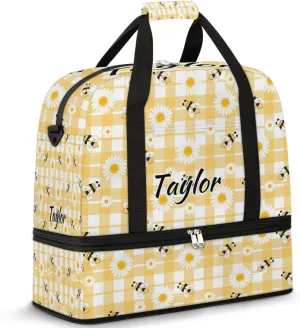 Personalized Duffel Bag with Name, Custom Honeybee Bee Travel Sports Gym Yoga Beach Bag Customized Weekender Overnight Bag with Shoes Compartment for Women, Bees Daisies Honey
