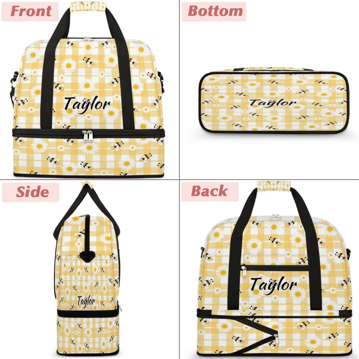 Personalized Duffel Bag with Name, Custom Honeybee Bee Travel Sports Gym Yoga Beach Bag Customized Weekender Overnight Bag with Shoes Compartment for Women, Bees Daisies Honey