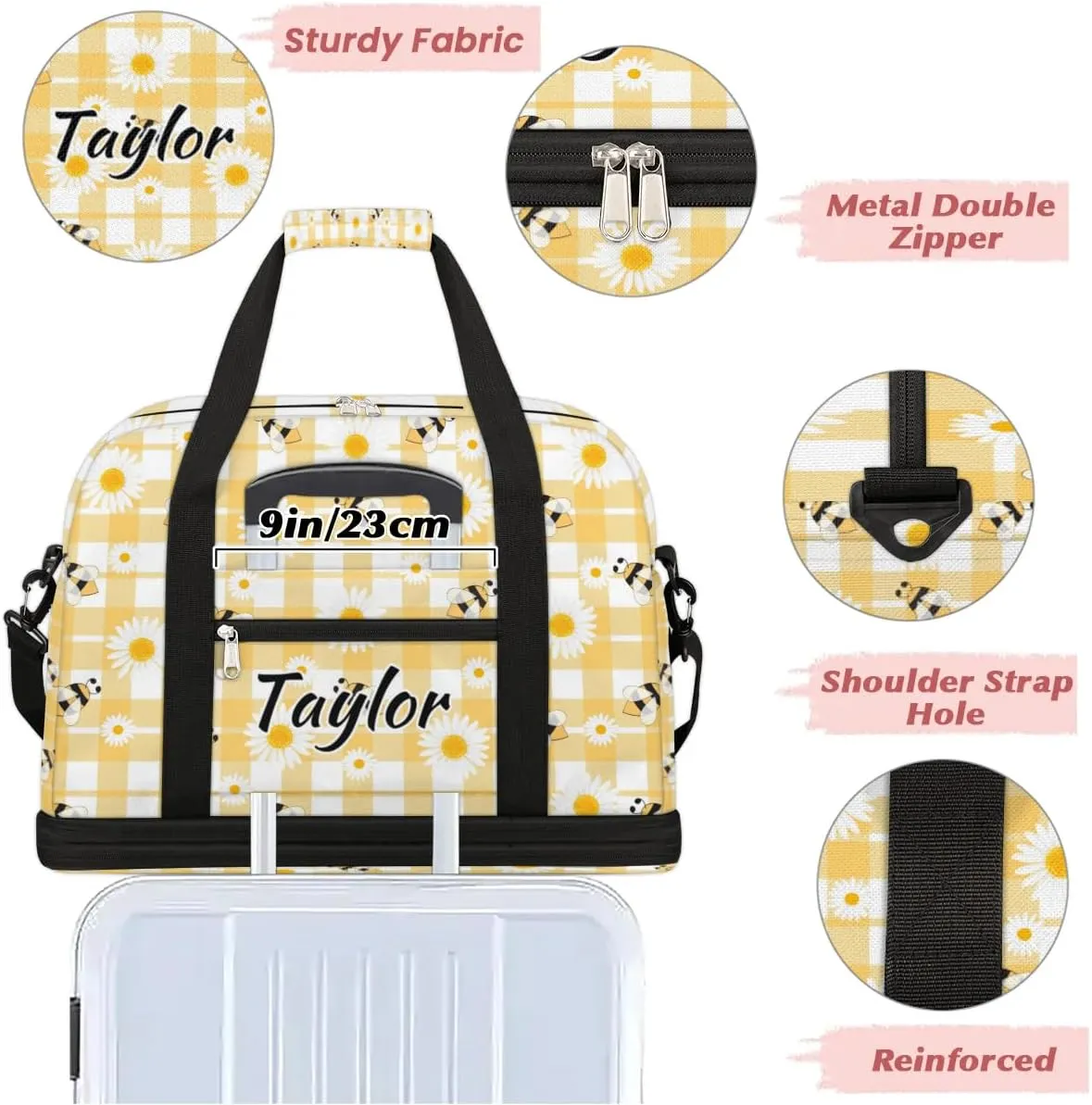 Personalized Duffel Bag with Name, Custom Honeybee Bee Travel Sports Gym Yoga Beach Bag Customized Weekender Overnight Bag with Shoes Compartment for Women, Bees Daisies Honey
