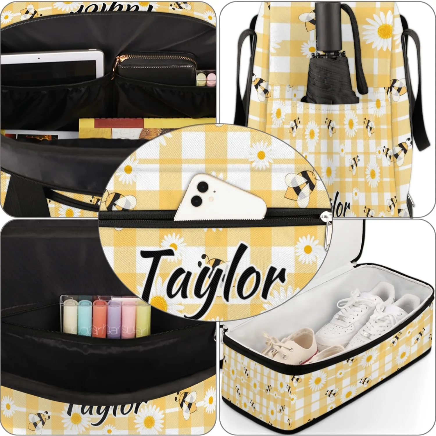 Personalized Duffel Bag with Name, Custom Honeybee Bee Travel Sports Gym Yoga Beach Bag Customized Weekender Overnight Bag with Shoes Compartment for Women, Bees Daisies Honey