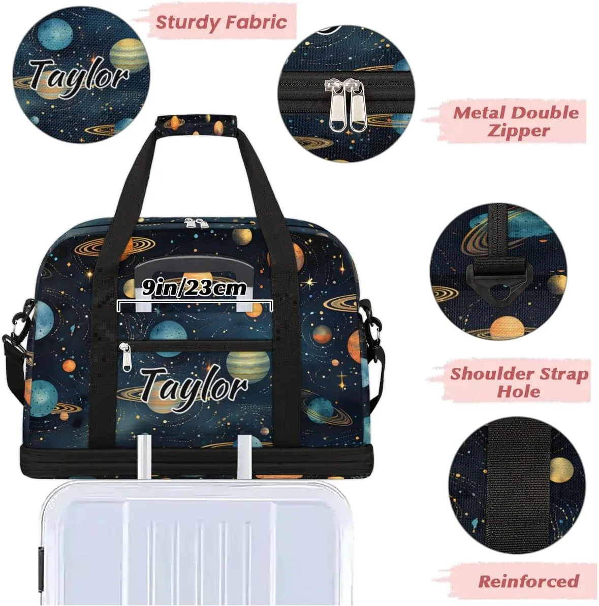 Personalized Duffel Bag with Name, Custom Space Travel Sports Gym Yoga Beach Bag Customized Weekender Overnight Bag with Shoes Compartment for Women, Outer Space Themed