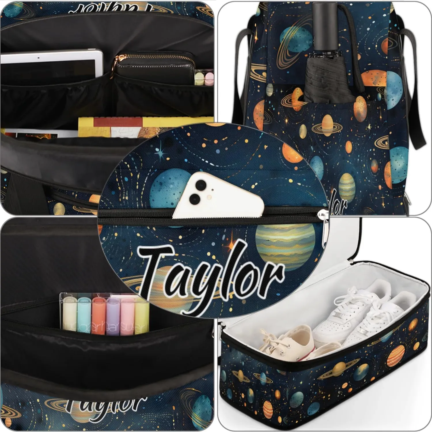 Personalized Duffel Bag with Name, Custom Space Travel Sports Gym Yoga Beach Bag Customized Weekender Overnight Bag with Shoes Compartment for Women, Outer Space Themed