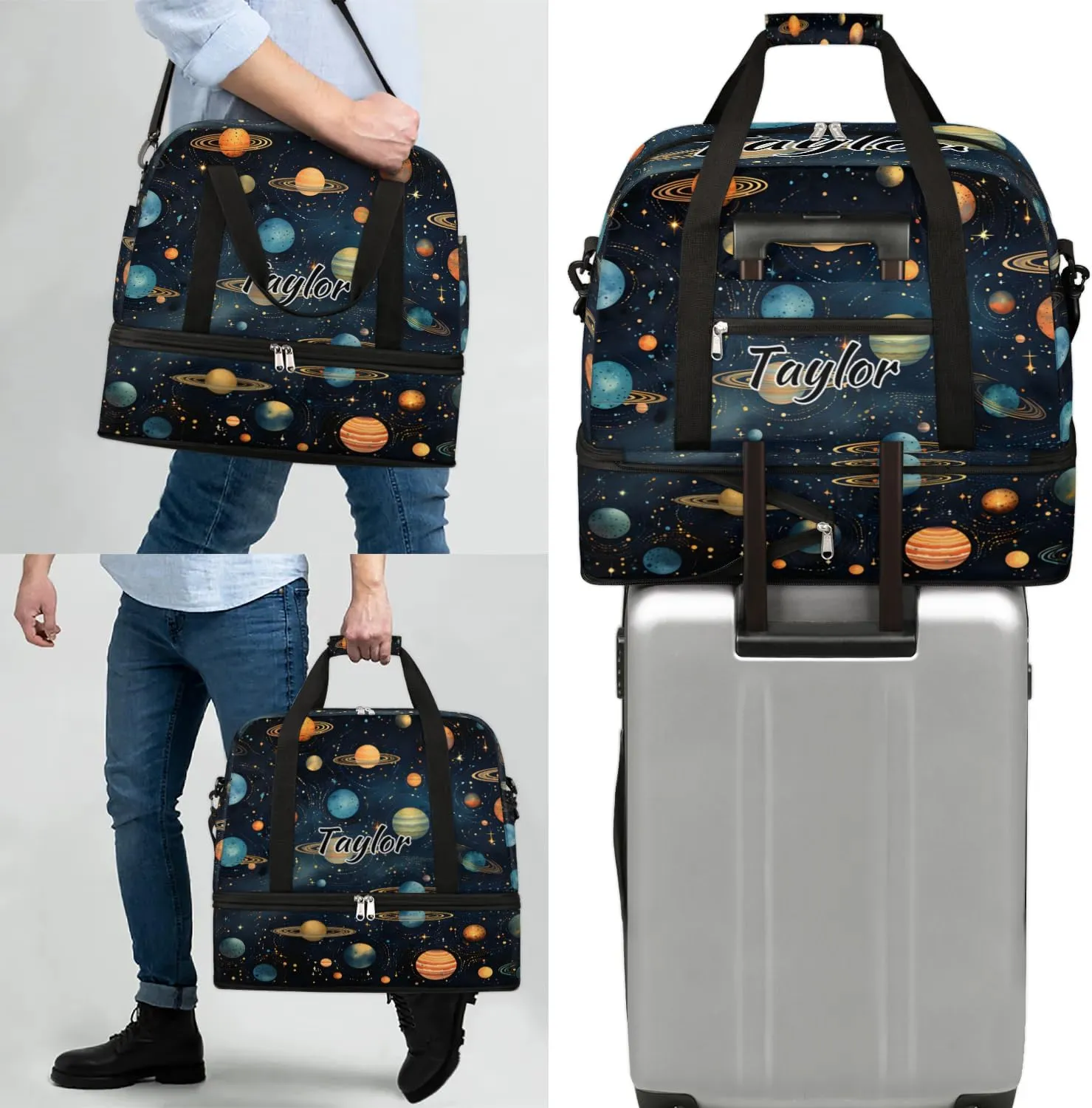 Personalized Duffel Bag with Name, Custom Space Travel Sports Gym Yoga Beach Bag Customized Weekender Overnight Bag with Shoes Compartment for Women, Outer Space Themed