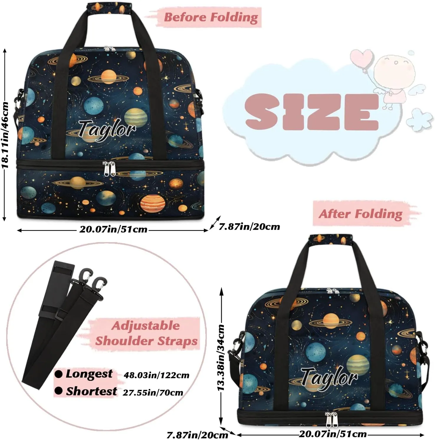 Personalized Duffel Bag with Name, Custom Space Travel Sports Gym Yoga Beach Bag Customized Weekender Overnight Bag with Shoes Compartment for Women, Outer Space Themed