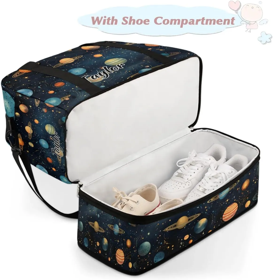 Personalized Duffel Bag with Name, Custom Space Travel Sports Gym Yoga Beach Bag Customized Weekender Overnight Bag with Shoes Compartment for Women, Outer Space Themed