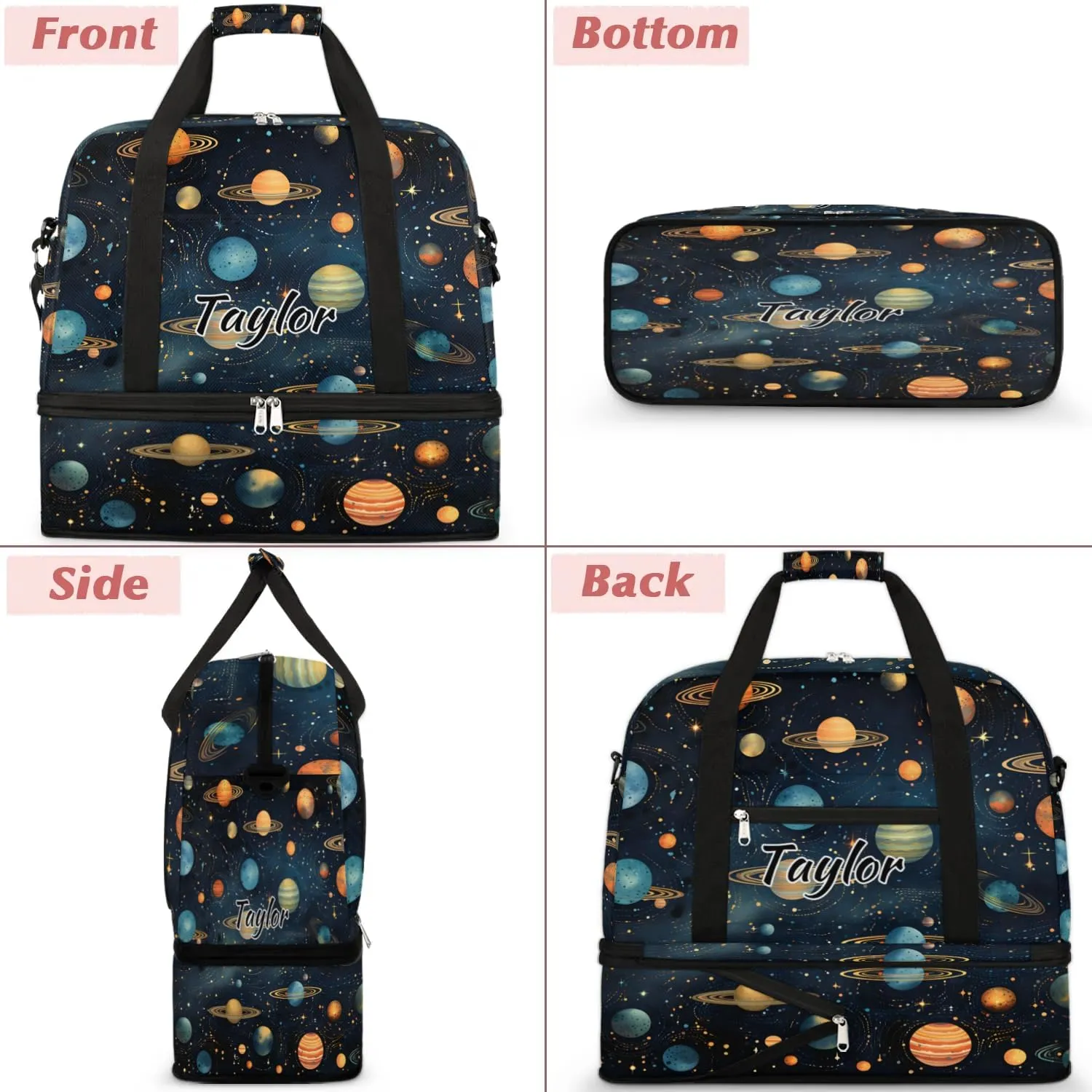 Personalized Duffel Bag with Name, Custom Space Travel Sports Gym Yoga Beach Bag Customized Weekender Overnight Bag with Shoes Compartment for Women, Outer Space Themed