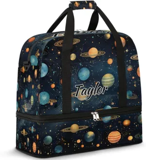 Personalized Duffel Bag with Name, Custom Space Travel Sports Gym Yoga Beach Bag Customized Weekender Overnight Bag with Shoes Compartment for Women, Outer Space Themed