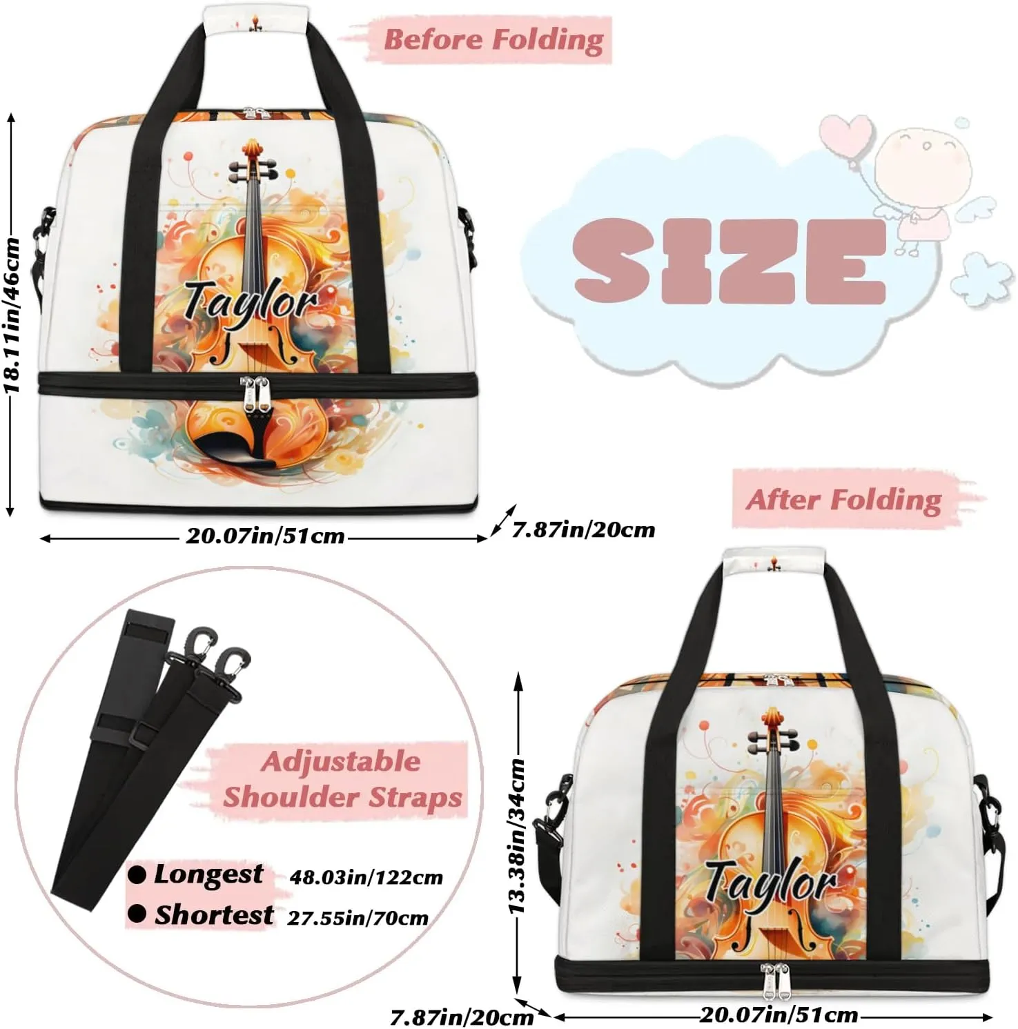 Personalized Duffel Bag with Name, Custom Violin Travel Sports Gym Yoga Beach Bag Customized Weekender Overnight Bag with Shoes Compartment for Women, Violin Music