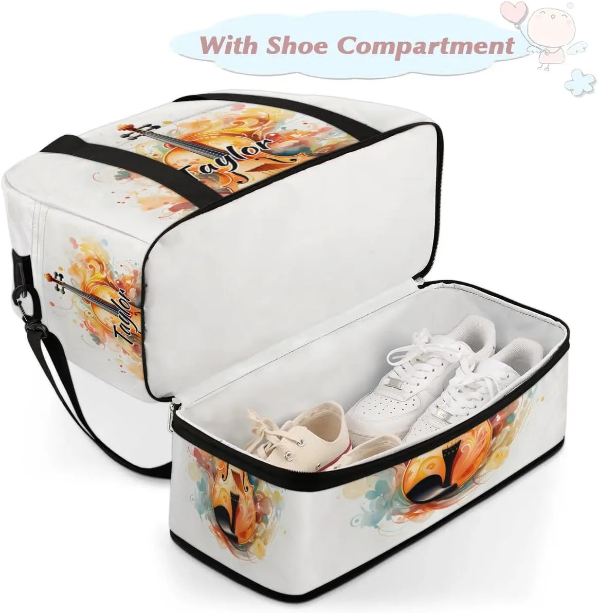 Personalized Duffel Bag with Name, Custom Violin Travel Sports Gym Yoga Beach Bag Customized Weekender Overnight Bag with Shoes Compartment for Women, Violin Music