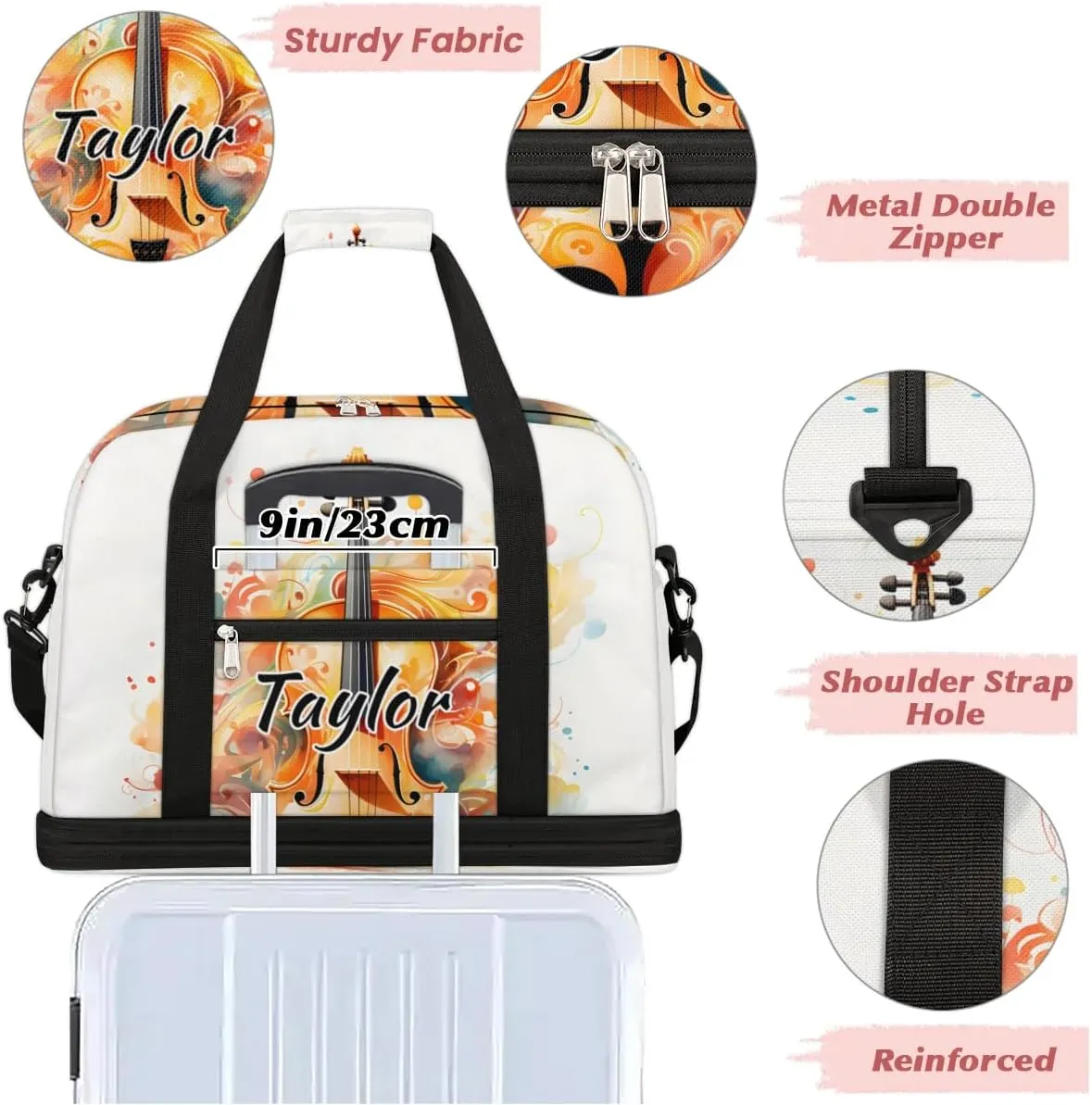 Personalized Duffel Bag with Name, Custom Violin Travel Sports Gym Yoga Beach Bag Customized Weekender Overnight Bag with Shoes Compartment for Women, Violin Music