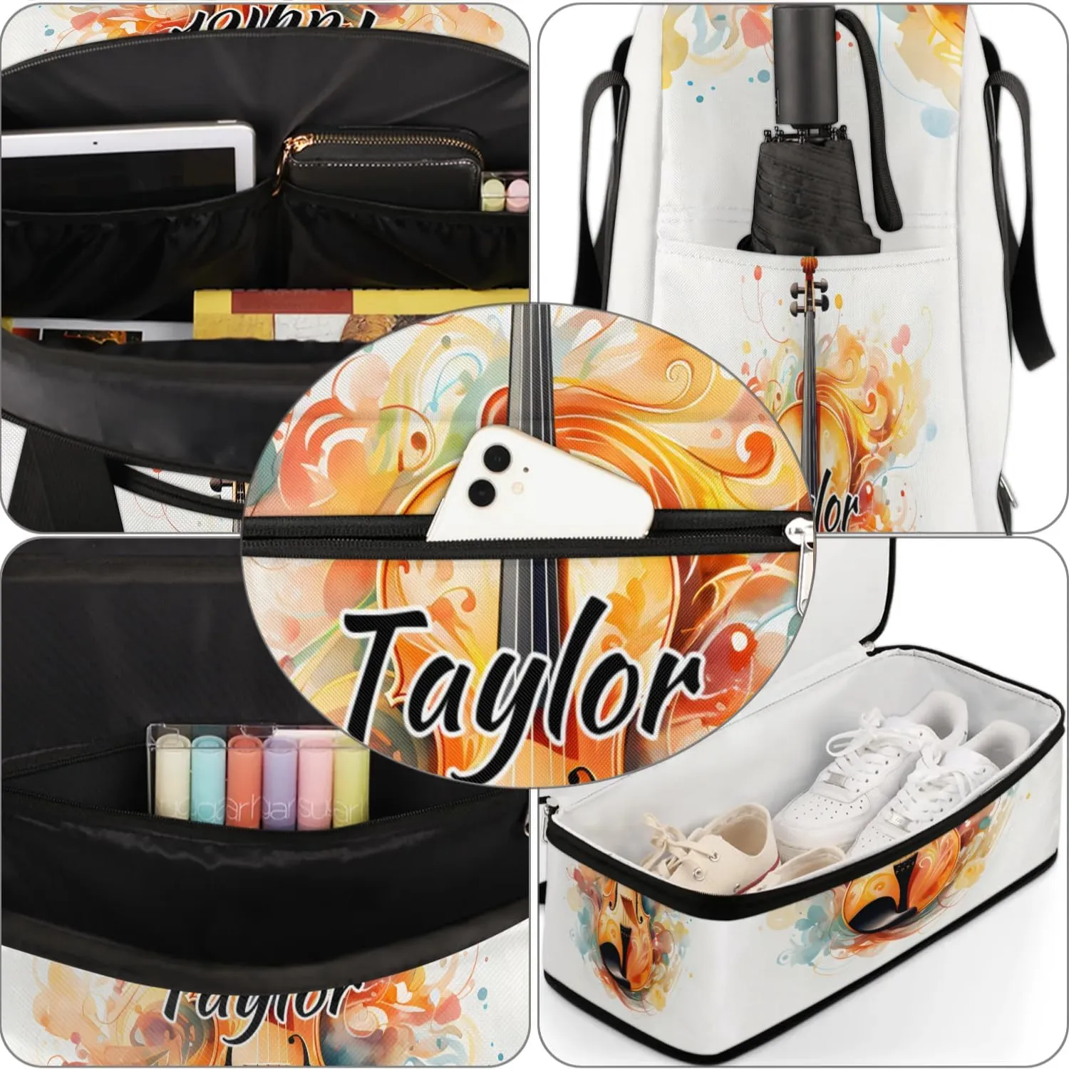 Personalized Duffel Bag with Name, Custom Violin Travel Sports Gym Yoga Beach Bag Customized Weekender Overnight Bag with Shoes Compartment for Women, Violin Music