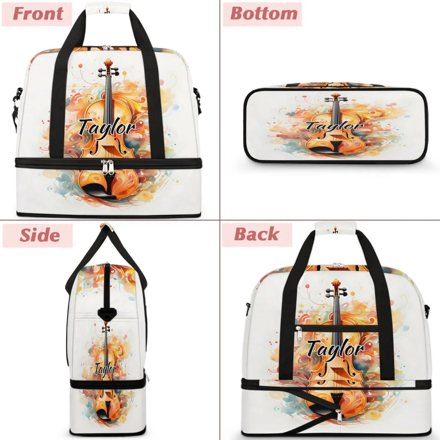 Personalized Duffel Bag with Name, Custom Violin Travel Sports Gym Yoga Beach Bag Customized Weekender Overnight Bag with Shoes Compartment for Women, Violin Music