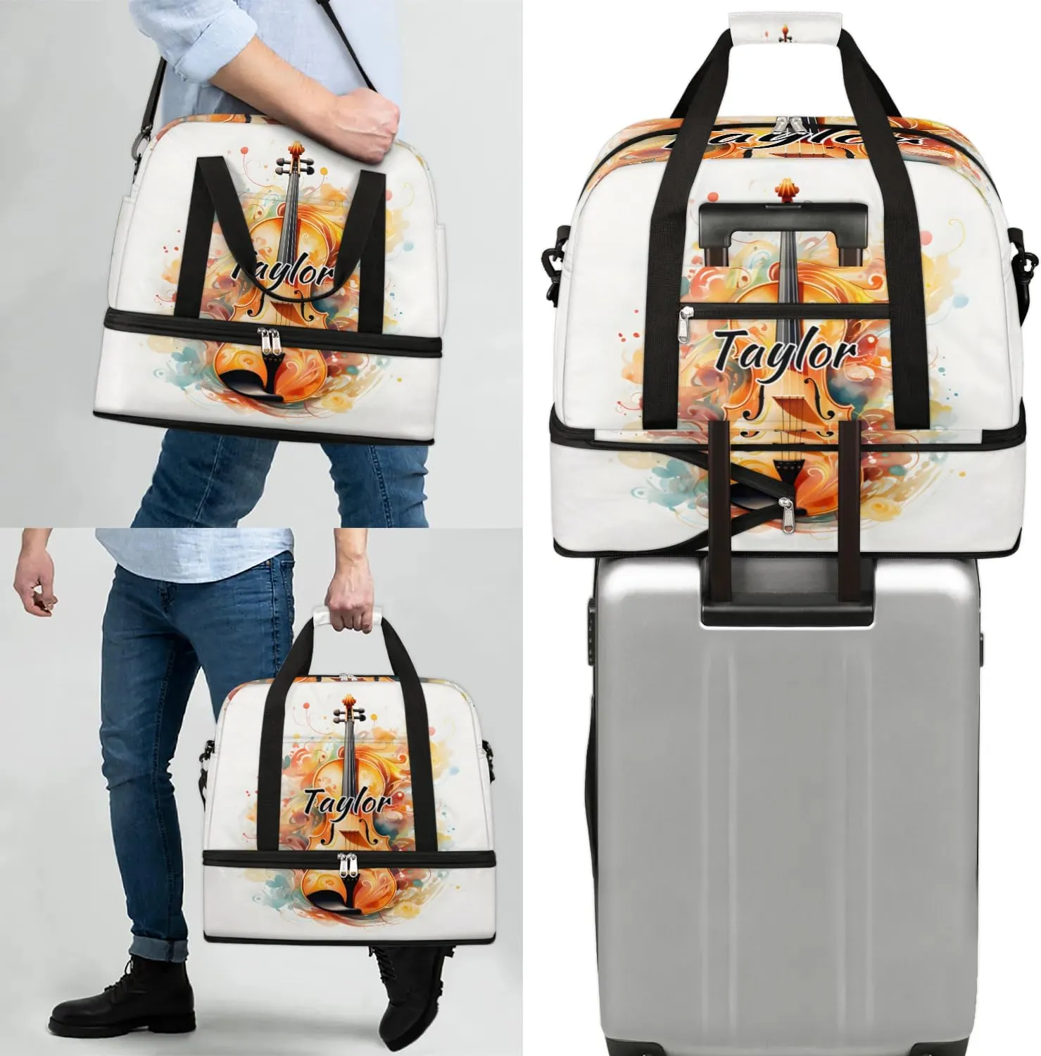 Personalized Duffel Bag with Name, Custom Violin Travel Sports Gym Yoga Beach Bag Customized Weekender Overnight Bag with Shoes Compartment for Women, Violin Music