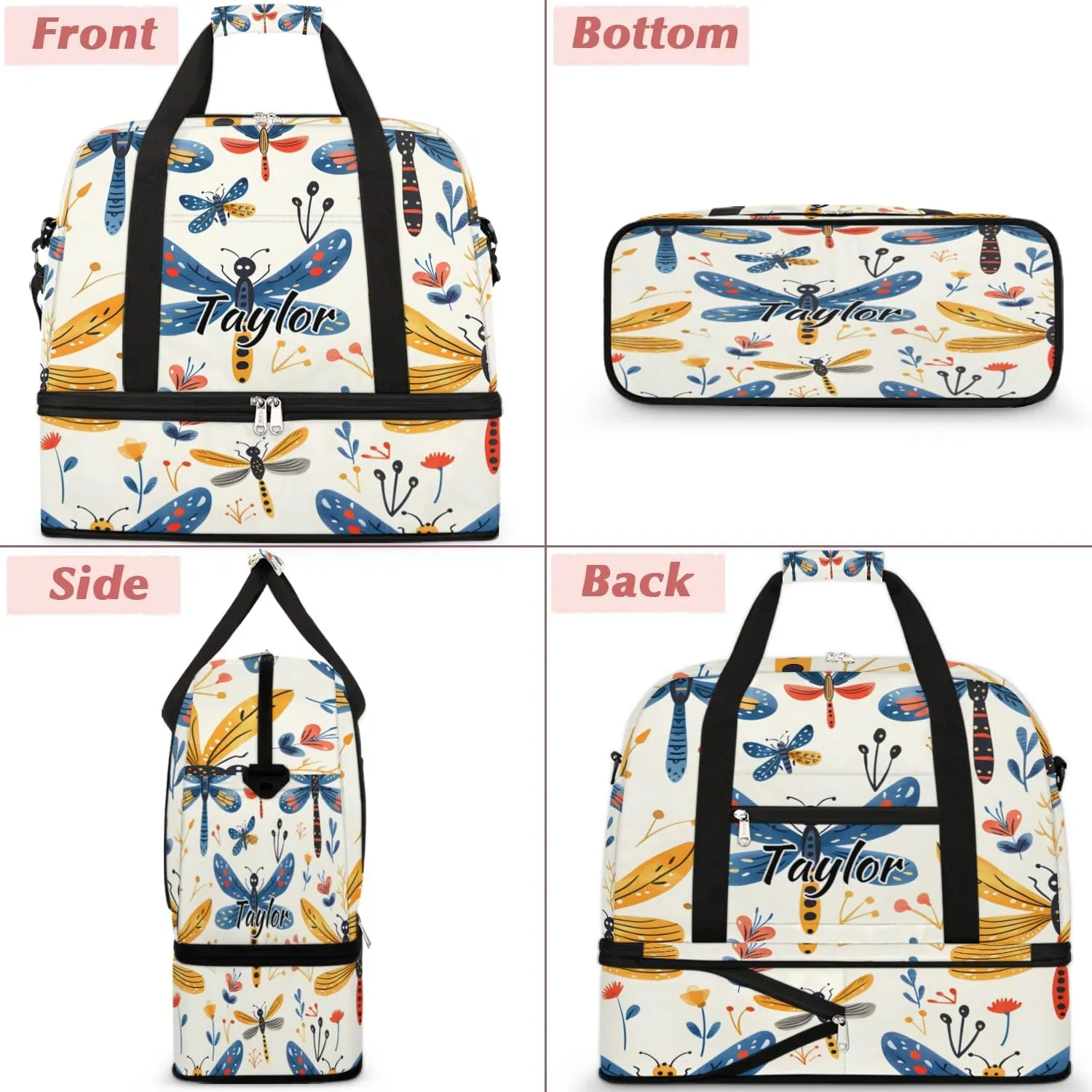 Personalized Duffel Bag with Name, Custom Wildflower Dragonflies Travel Sports Gym Yoga Beach Bag Customized Weekender Overnight Bag with Shoes Compartment for Women, Rustic Dragonfly