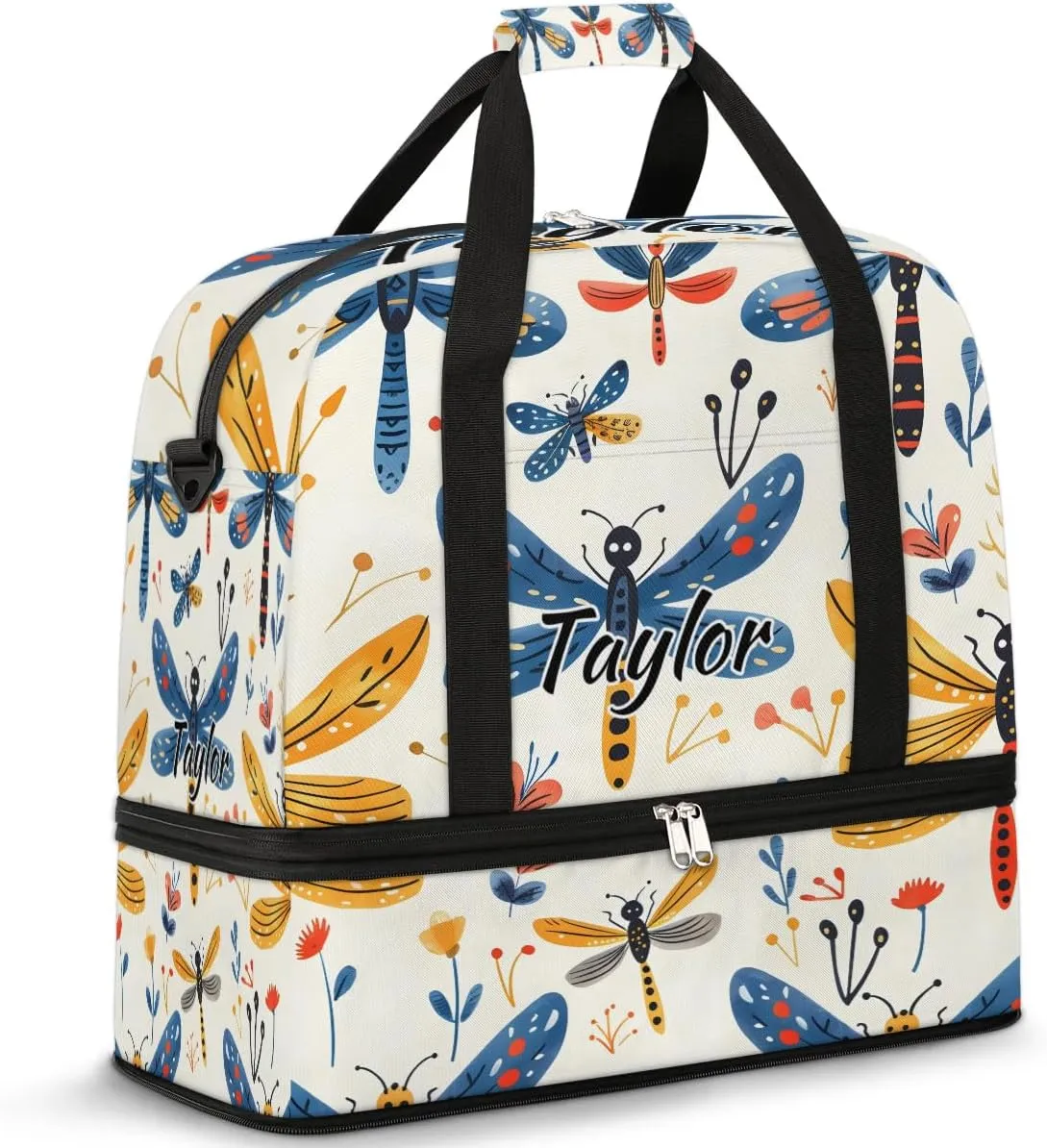 Personalized Duffel Bag with Name, Custom Wildflower Dragonflies Travel Sports Gym Yoga Beach Bag Customized Weekender Overnight Bag with Shoes Compartment for Women, Rustic Dragonfly