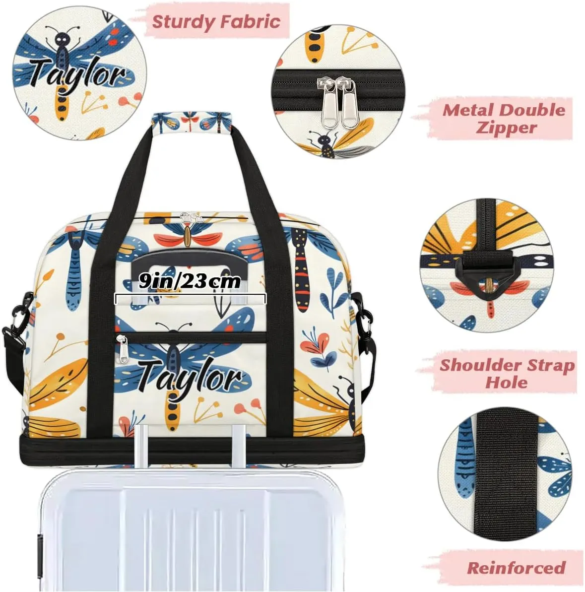 Personalized Duffel Bag with Name, Custom Wildflower Dragonflies Travel Sports Gym Yoga Beach Bag Customized Weekender Overnight Bag with Shoes Compartment for Women, Rustic Dragonfly