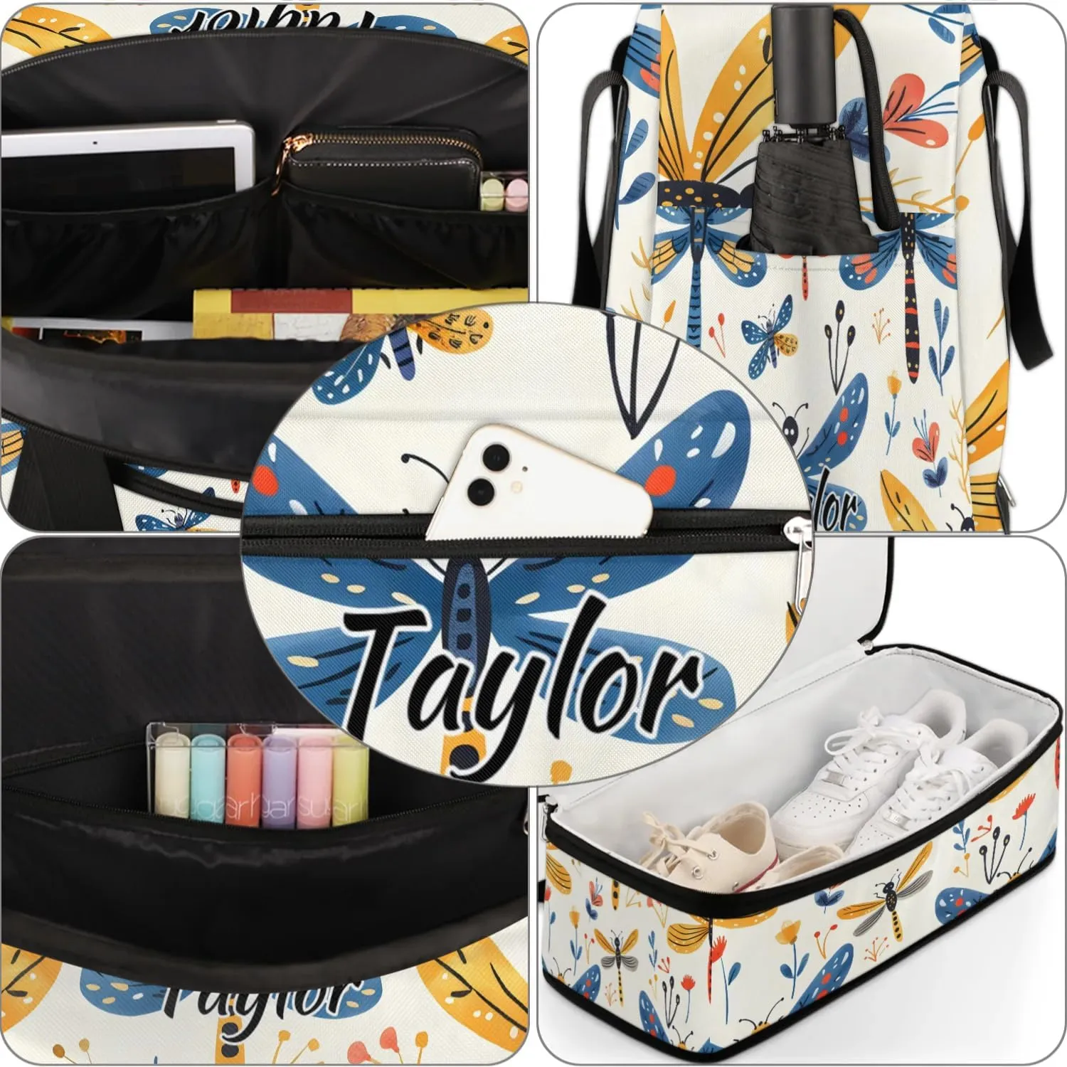 Personalized Duffel Bag with Name, Custom Wildflower Dragonflies Travel Sports Gym Yoga Beach Bag Customized Weekender Overnight Bag with Shoes Compartment for Women, Rustic Dragonfly