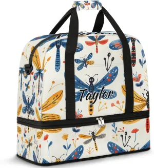 Personalized Duffel Bag with Name, Custom Wildflower Dragonflies Travel Sports Gym Yoga Beach Bag Customized Weekender Overnight Bag with Shoes Compartment for Women, Rustic Dragonfly