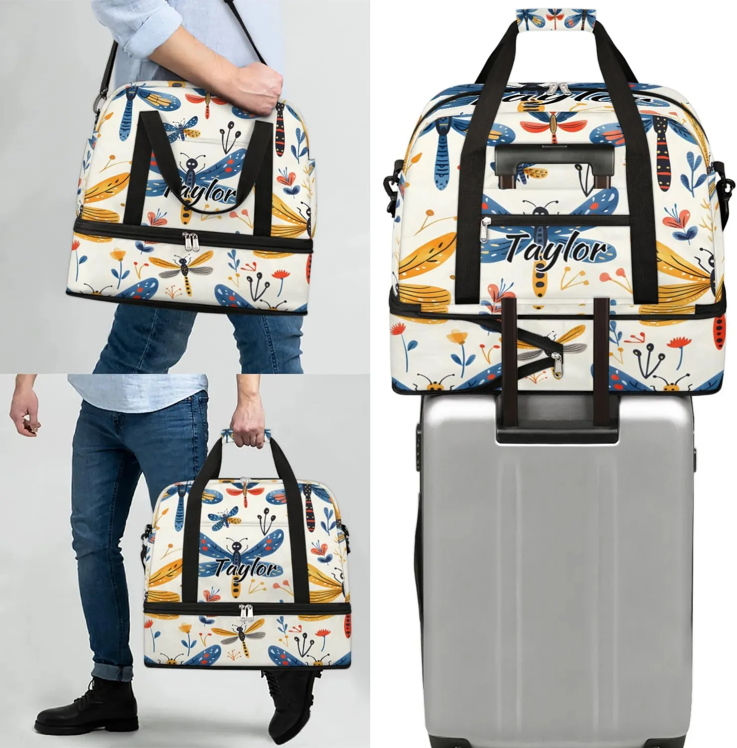Personalized Duffel Bag with Name, Custom Wildflower Dragonflies Travel Sports Gym Yoga Beach Bag Customized Weekender Overnight Bag with Shoes Compartment for Women, Rustic Dragonfly