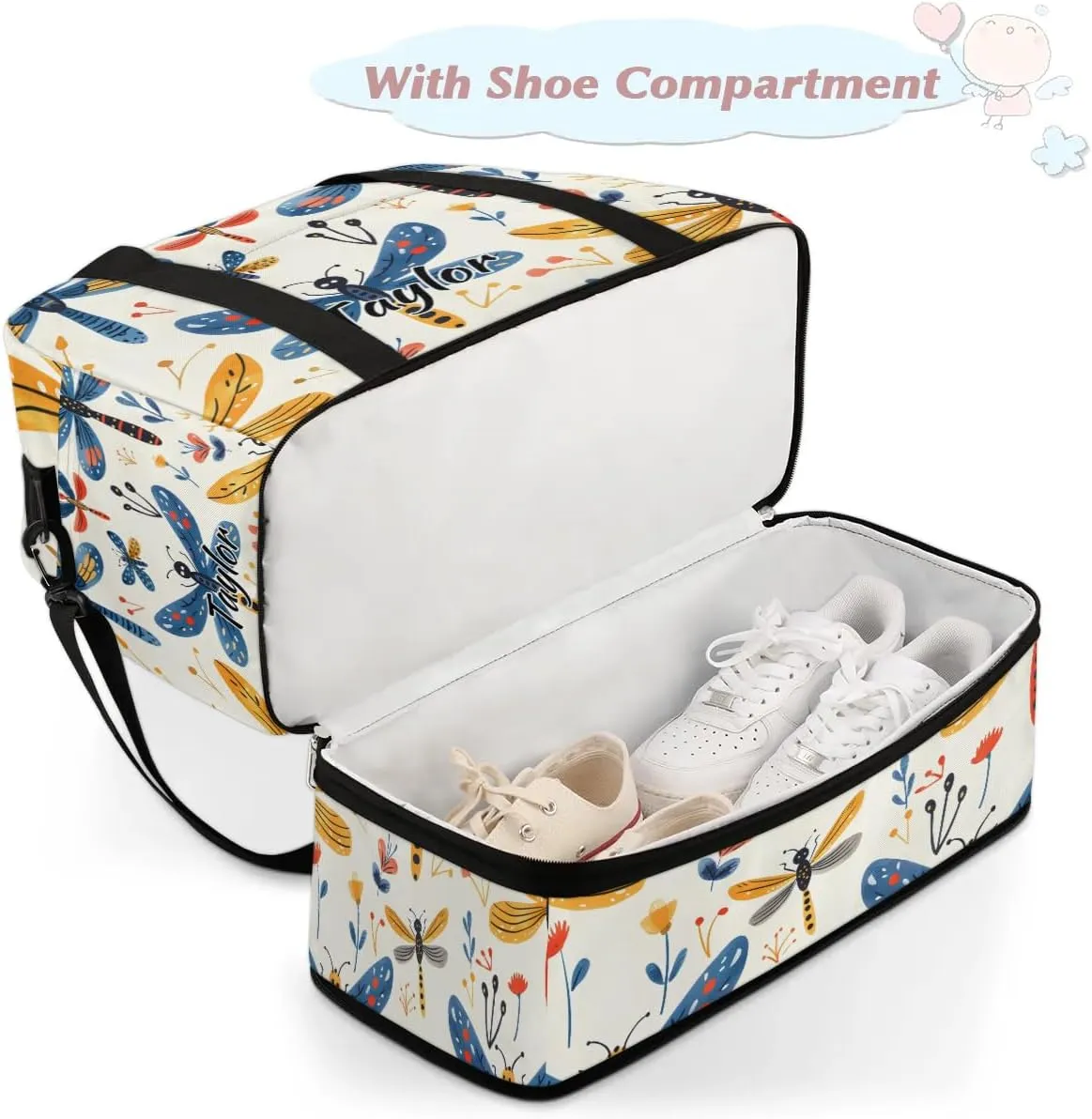 Personalized Duffel Bag with Name, Custom Wildflower Dragonflies Travel Sports Gym Yoga Beach Bag Customized Weekender Overnight Bag with Shoes Compartment for Women, Rustic Dragonfly