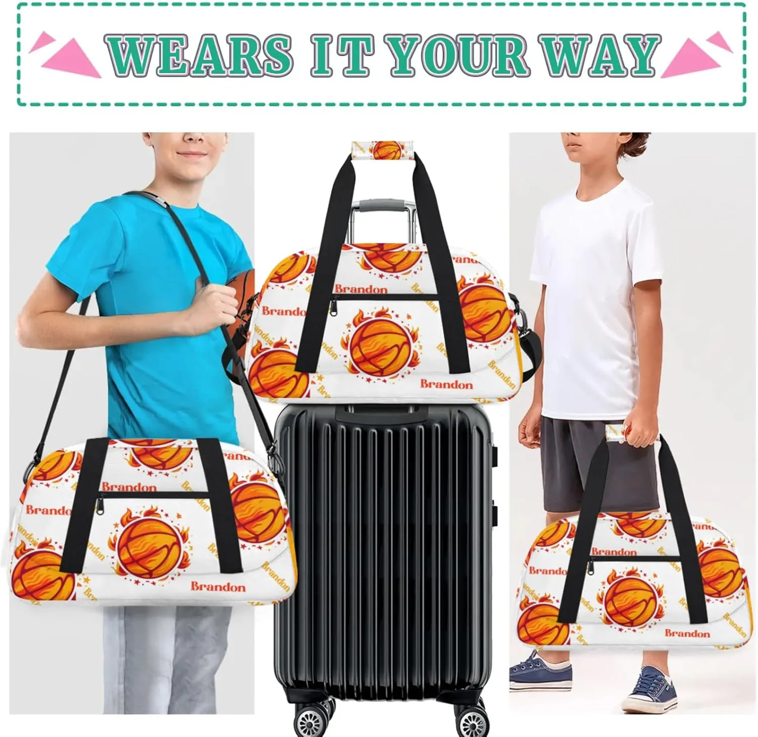 Personalized Duffle-Bag for-Girls-Boys Customized Sports-Bag Carry-On-Bag Gym-Travel-Bag Football-Bag Gymnastics-Bag Flaming Orange Football Brandon