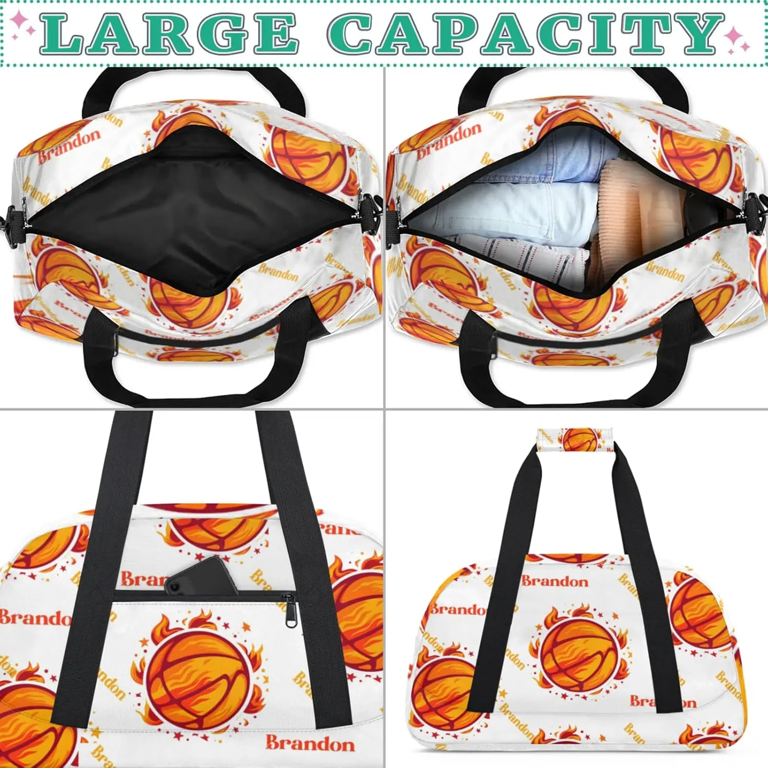 Personalized Duffle-Bag for-Girls-Boys Customized Sports-Bag Carry-On-Bag Gym-Travel-Bag Football-Bag Gymnastics-Bag Flaming Orange Football Brandon