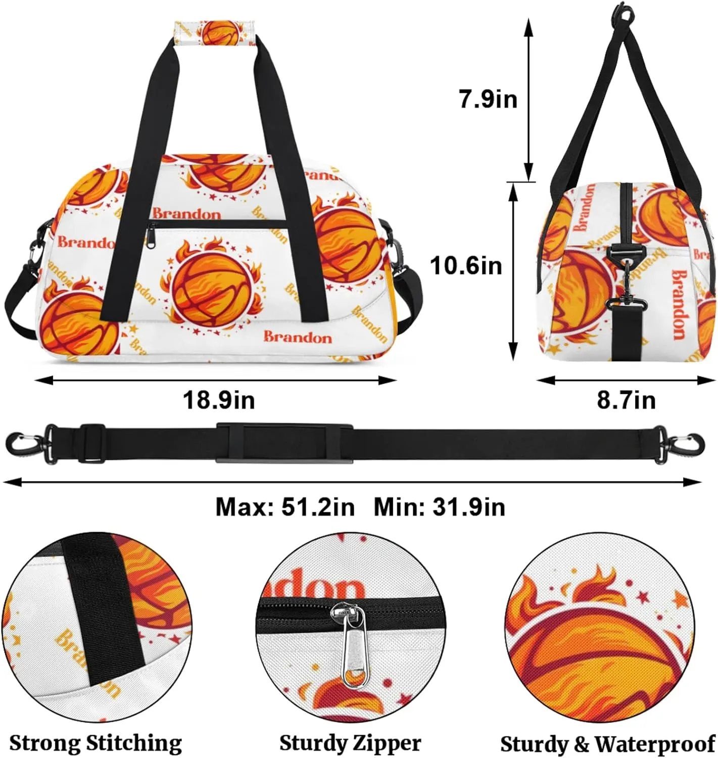 Personalized Duffle-Bag for-Girls-Boys Customized Sports-Bag Carry-On-Bag Gym-Travel-Bag Football-Bag Gymnastics-Bag Flaming Orange Football Brandon