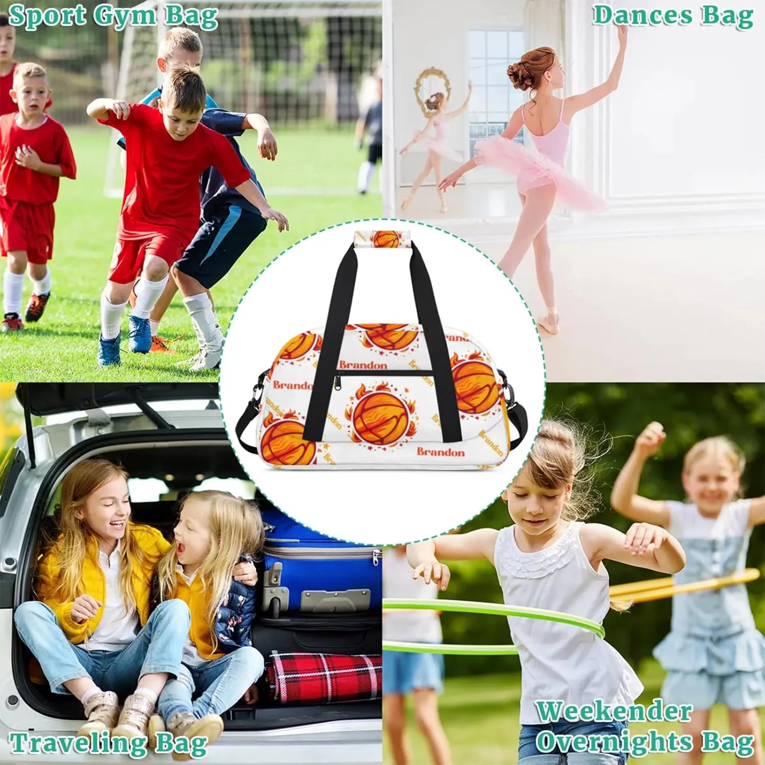 Personalized Duffle-Bag for-Girls-Boys Customized Sports-Bag Carry-On-Bag Gym-Travel-Bag Football-Bag Gymnastics-Bag Flaming Orange Football Brandon