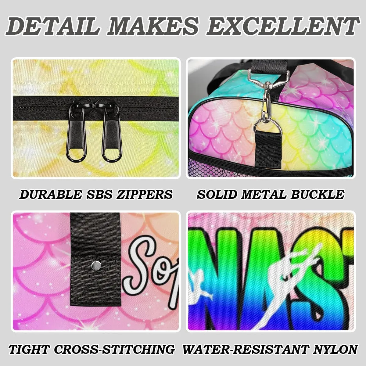 Personalized Gymnastic Bag for Women, Custom Name Sport Duffel Bag Gym Bag Travel Duffle Bag Overnight Weekender Bag, Fish Scale Glitter