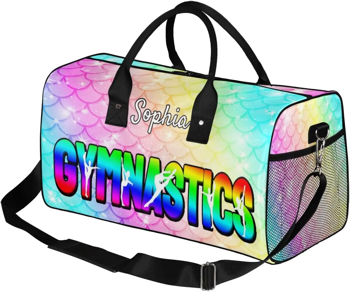 Personalized Gymnastic Bag for Women, Custom Name Sport Duffel Bag Gym Bag Travel Duffle Bag Overnight Weekender Bag, Fish Scale Glitter