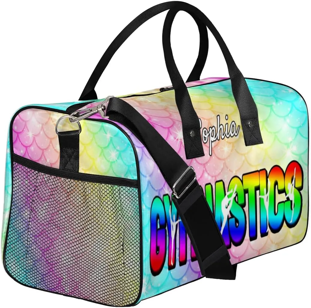 Personalized Gymnastic Bag for Women, Custom Name Sport Duffel Bag Gym Bag Travel Duffle Bag Overnight Weekender Bag, Fish Scale Glitter