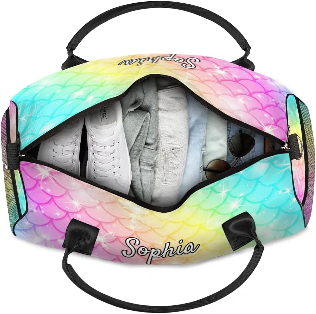 Personalized Gymnastic Bag for Women, Custom Name Sport Duffel Bag Gym Bag Travel Duffle Bag Overnight Weekender Bag, Fish Scale Glitter