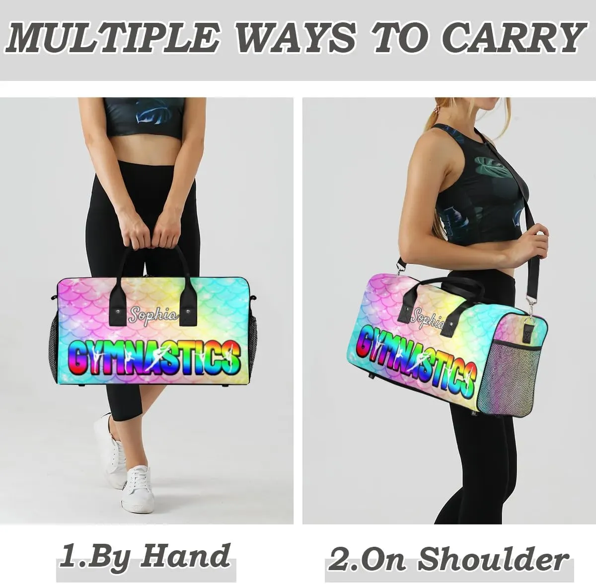 Personalized Gymnastic Bag for Women, Custom Name Sport Duffel Bag Gym Bag Travel Duffle Bag Overnight Weekender Bag, Fish Scale Glitter
