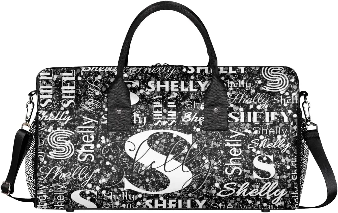 Personalized Initial Sports Duffel Bag with Name Custom Weekender Overnight Bag Foldable Gym Bag Travel Dance Gymnastics Duffel Tote Bag Black Glitter