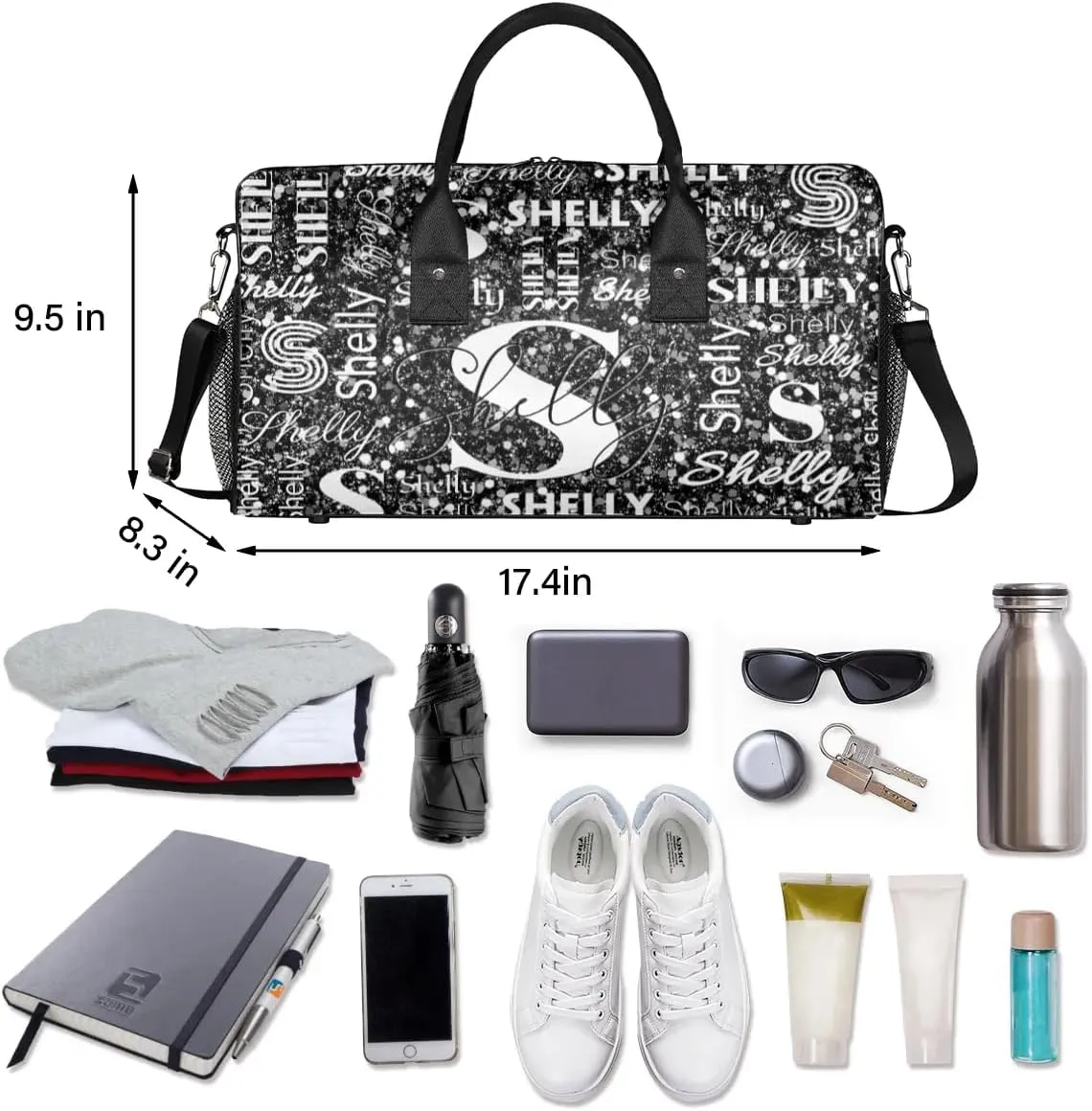 Personalized Initial Sports Duffel Bag with Name Custom Weekender Overnight Bag Foldable Gym Bag Travel Dance Gymnastics Duffel Tote Bag Black Glitter